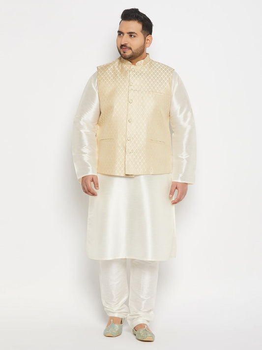 vastramay mens plus size cream ethnic jacket with cream silk blend kurta and pant style pyjama set