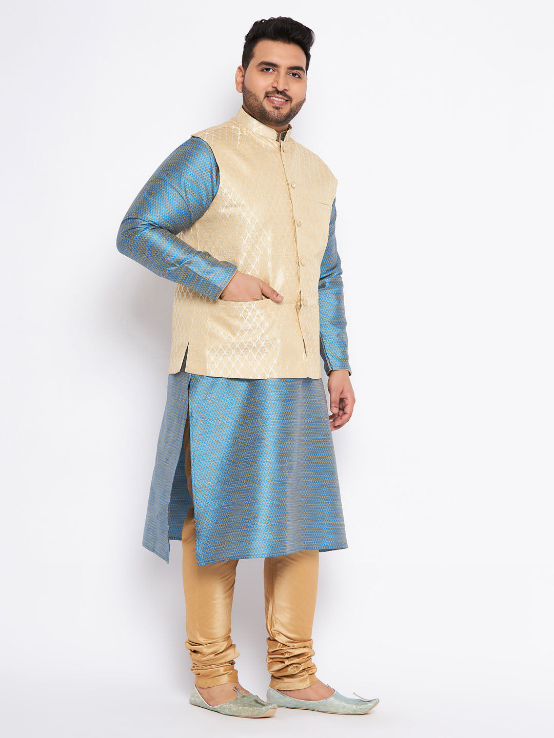 VASTRAMAY Men's Plus Size Cream Ethnic Cream Jacket With Aqua Silk Blend Kurta and Golden Pyjama Set