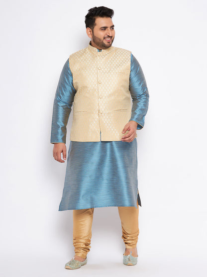 VASTRAMAY Men's Plus Size Cream Ethnic Cream Jacket With Aqua Silk Blend Kurta and Golden Pyjama Set