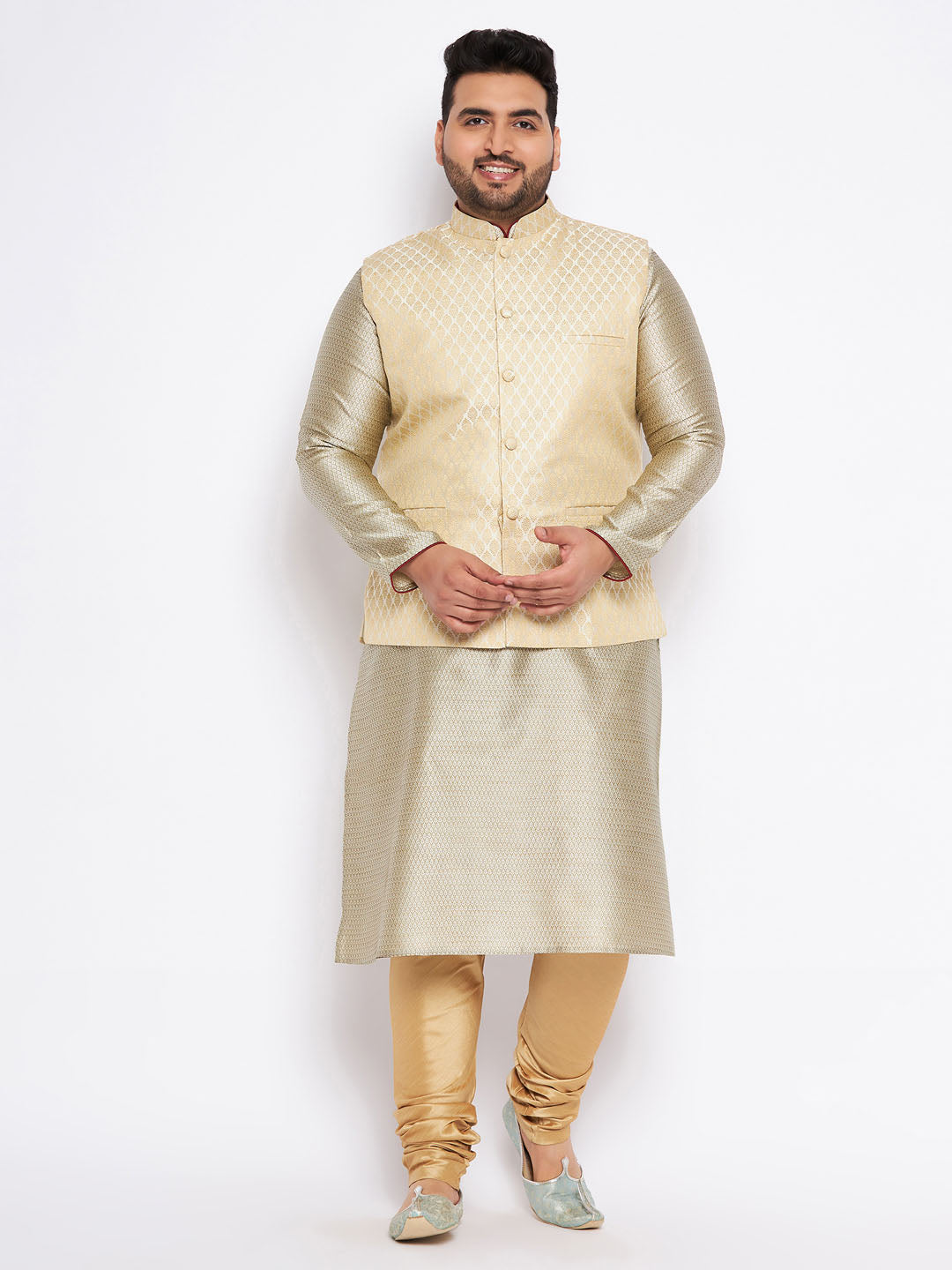 VASTRAMAY Men's Plus Size Cream Ethnic Cream Jacket With Beige Silk Blend Kurta and Golden Pyjama Set