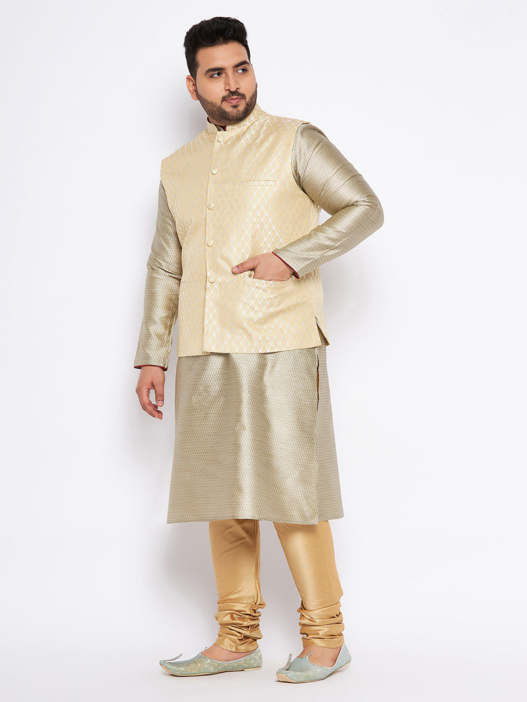 VASTRAMAY Men's Plus Size Cream Ethnic Cream Jacket With Beige Silk Blend Kurta and Golden Pyjama Set