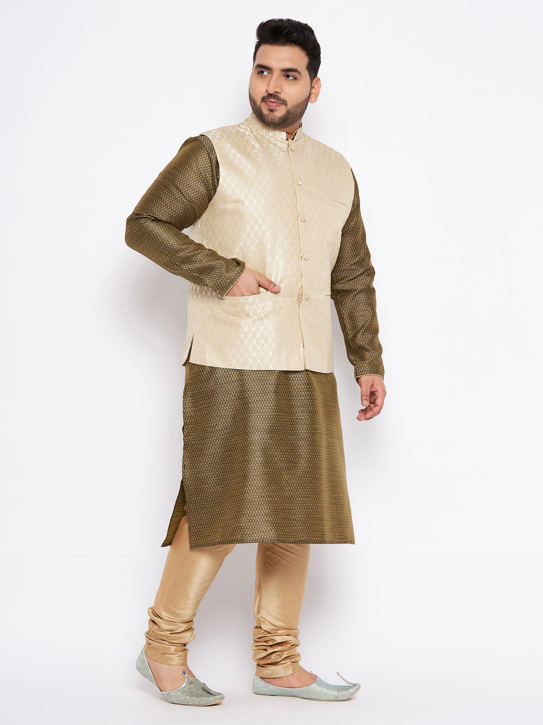 VASTRAMAY Men's Plus Size Cream Ethnic Cream Jacket With Black Silk Blend Kurta and Golden Pyjama Set