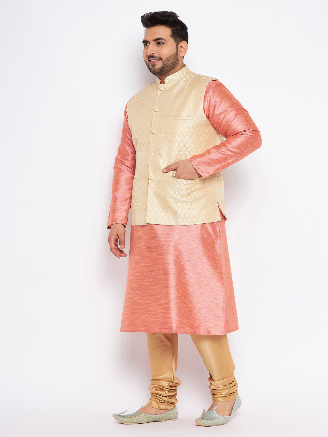 VASTRAMAY Men's Plus Size Cream Ethnic Cream Jacket With Pink Silk Blend Kurta and Golden Pyjama Set