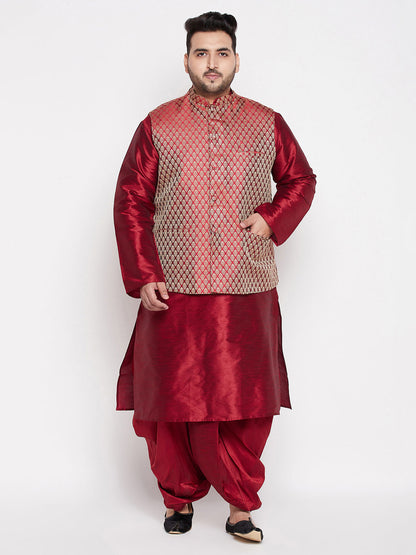 Vastramay mens plus size maroon woven silk blend jacket and maroon color silk blend kurta dhoti set