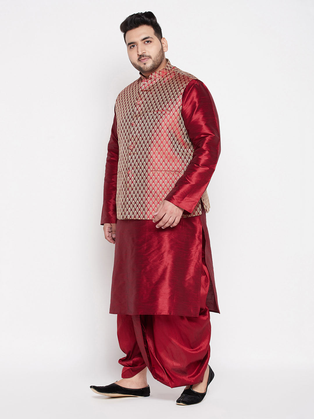 Vastramay mens plus size maroon woven silk blend jacket and maroon color silk blend kurta dhoti set