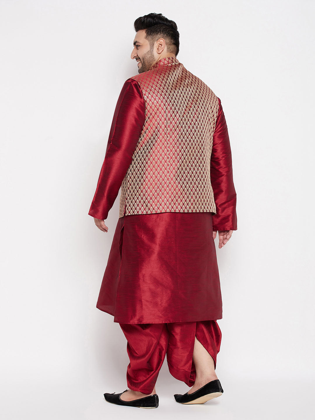 Vastramay mens plus size maroon woven silk blend jacket and maroon color silk blend kurta dhoti set