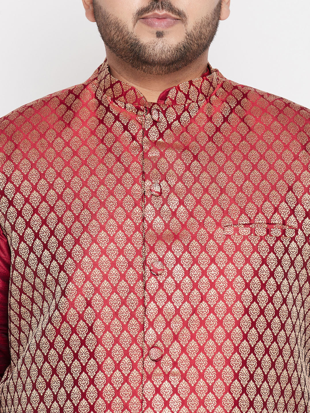 Vastramay mens plus size maroon woven silk blend jacket and maroon color silk blend kurta dhoti set