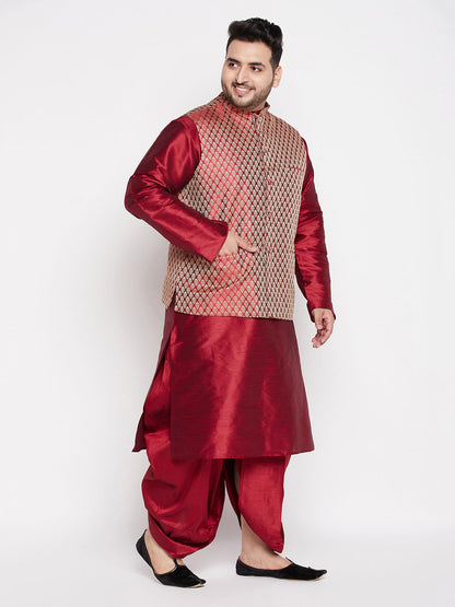 Vastramay mens plus size maroon woven silk blend jacket and maroon color silk blend kurta dhoti set