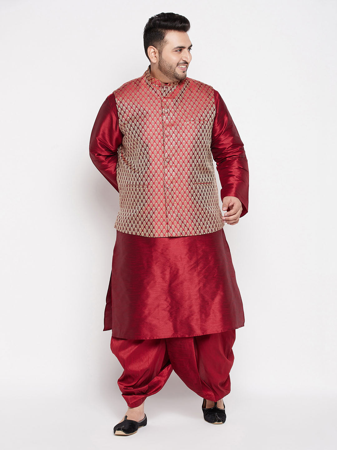 Vastramay Men's Plus Size Maroon Woven Silk Blend Jacket And Maroon Silk Blend Kurta Dhoti Set