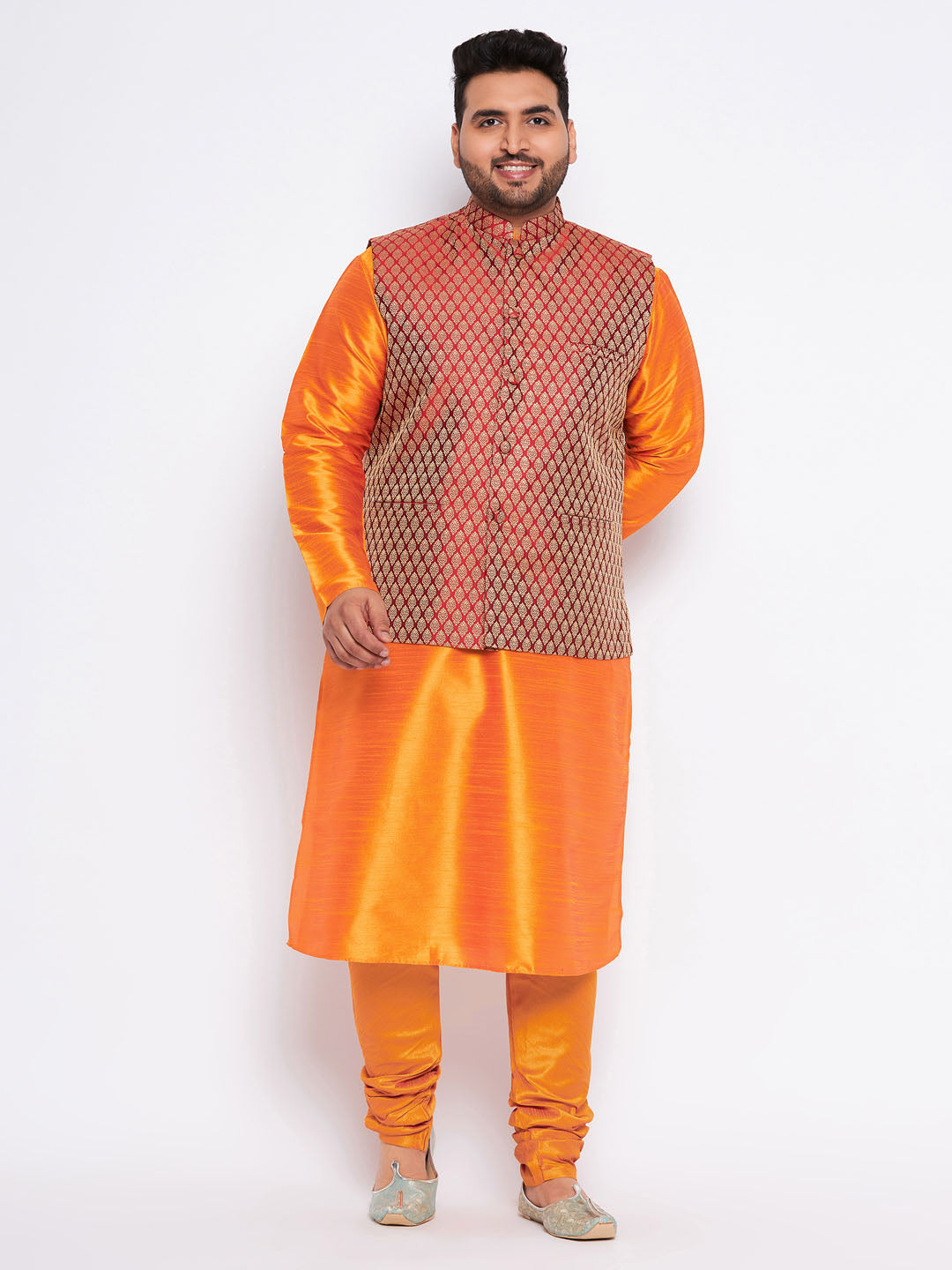 VASTRAMAY Men's Plus Size Maroon Woven Nehru Jacket With Orange Kurta And Pyjama Set