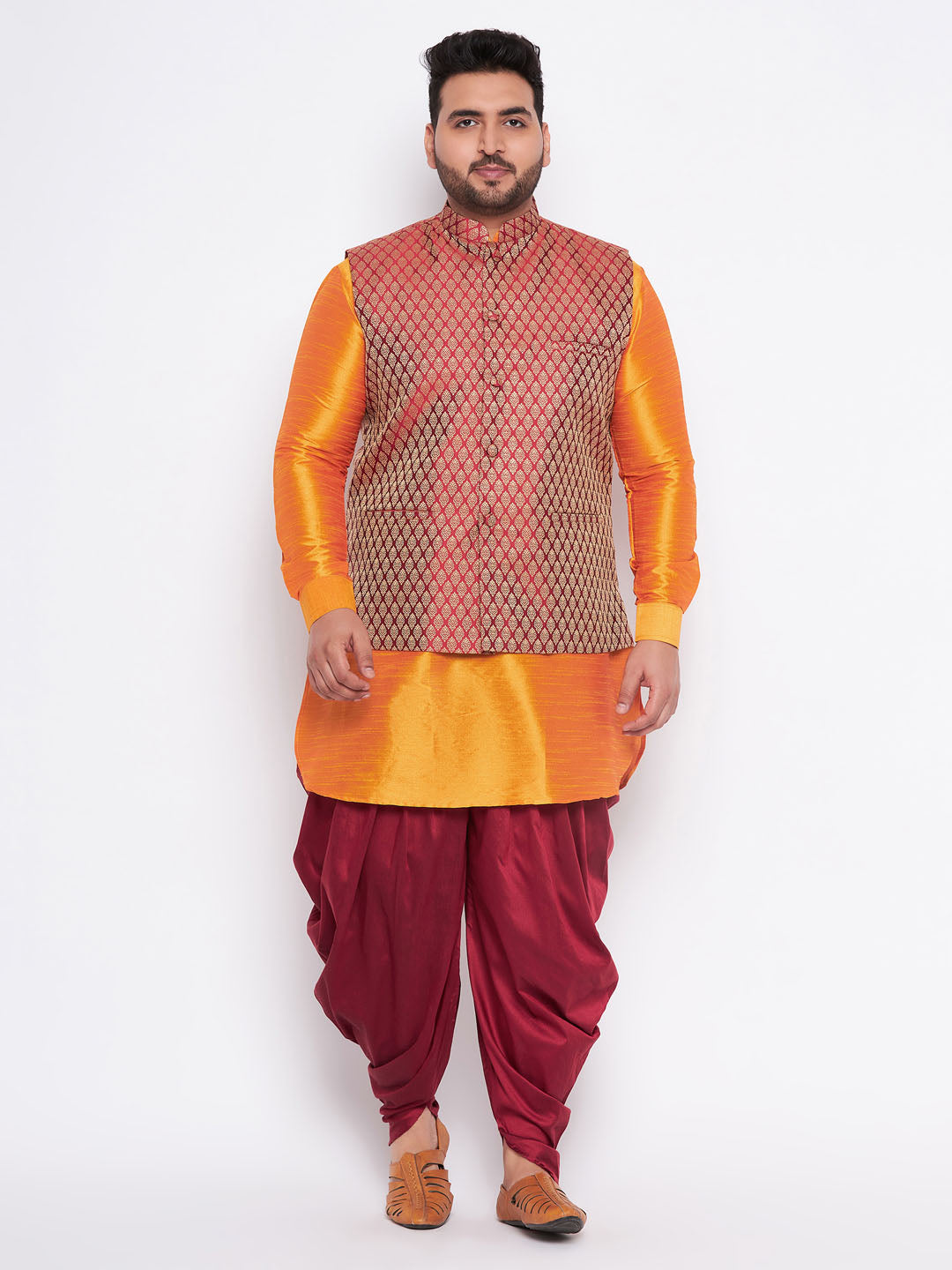 VASTRAMAY Men's Plus Size Maroon Woven jacket And Orange kurta And Dhoti Set