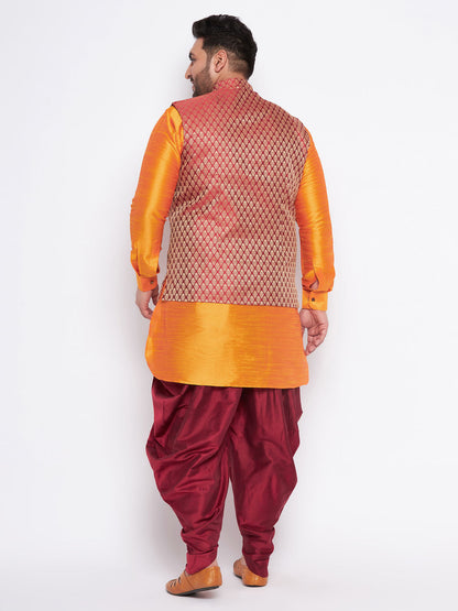 VASTRAMAY Men's Plus Size Maroon Woven jacket And Orange kurta And Dhoti Set