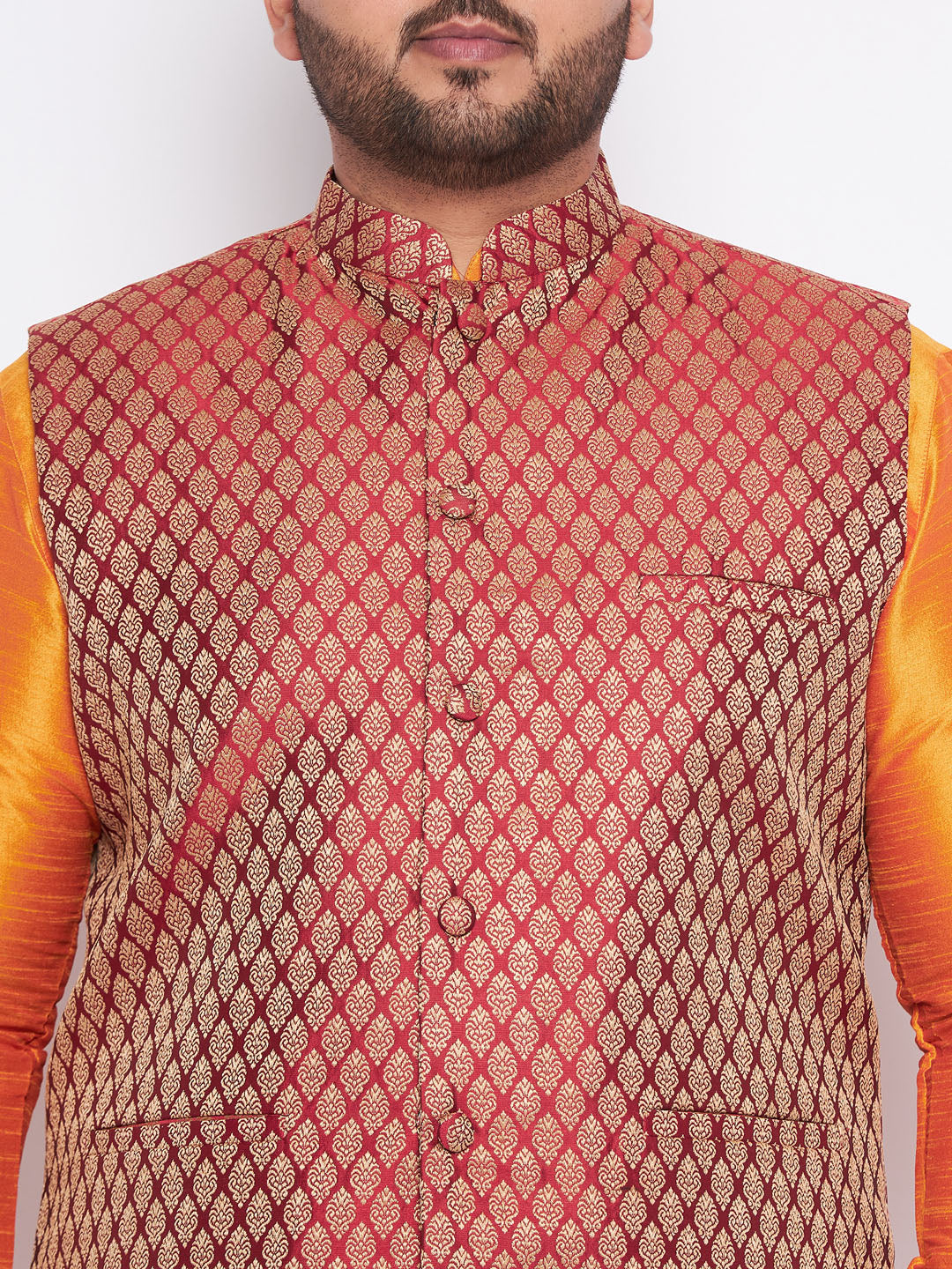 VASTRAMAY Men's Plus Size Maroon Woven jacket And Orange kurta And Dhoti Set