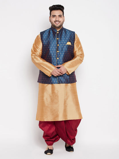 Vastramay mens plus size blue woven silk blend jacket and rose gold color silk blend kurta with maroon dhoti set