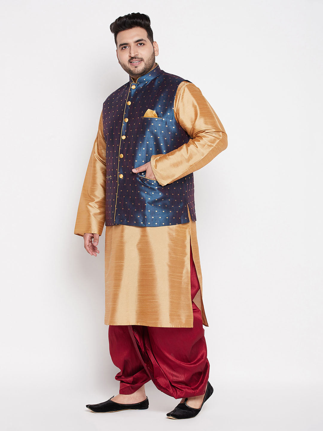 Vastramay mens plus size blue woven silk blend jacket and rose gold color silk blend kurta with maroon dhoti set