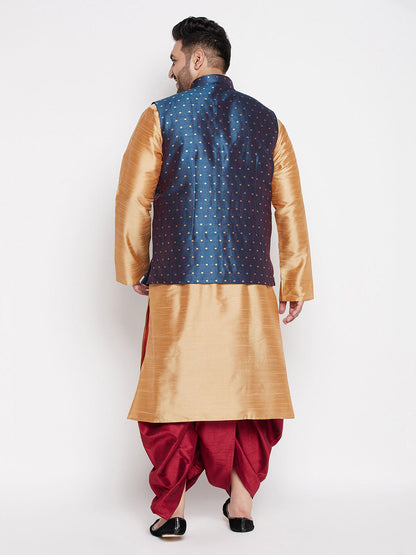 Vastramay mens plus size blue woven silk blend jacket and rose gold color silk blend kurta with maroon dhoti set