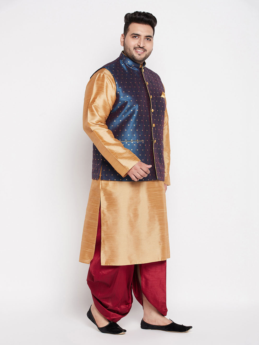 Vastramay mens plus size blue woven silk blend jacket and rose gold color silk blend kurta with maroon dhoti set