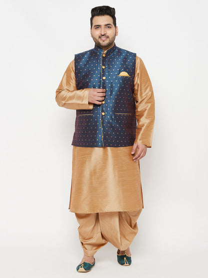 Vastramay plus mens blue woven design nehru jacket with rose gold kurta and dhoti set