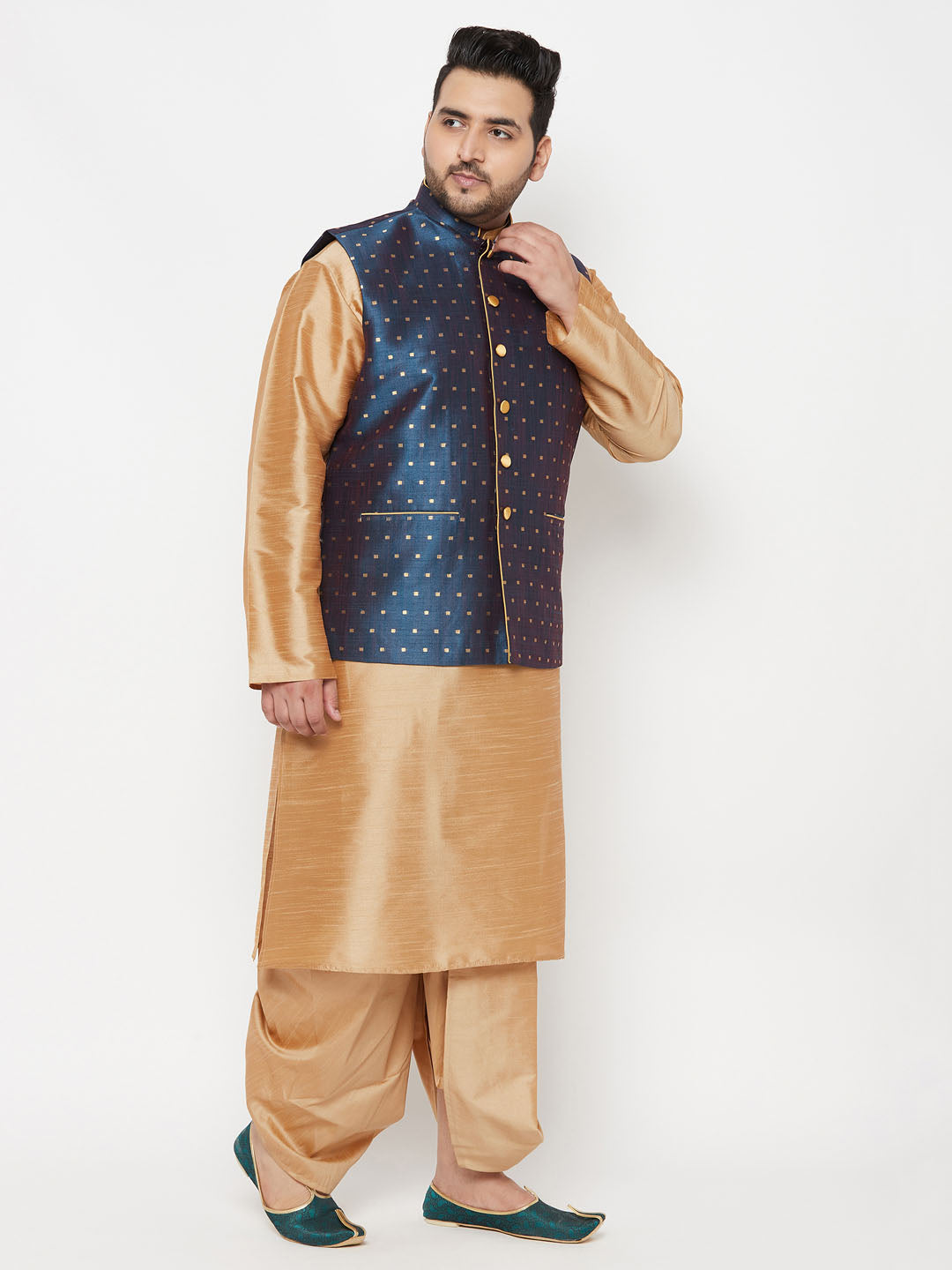 Vastramay plus mens blue woven design nehru jacket with rose gold kurta and dhoti set