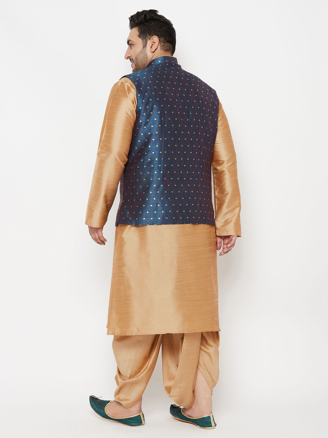 Vastramay plus mens blue woven design nehru jacket with rose gold kurta and dhoti set