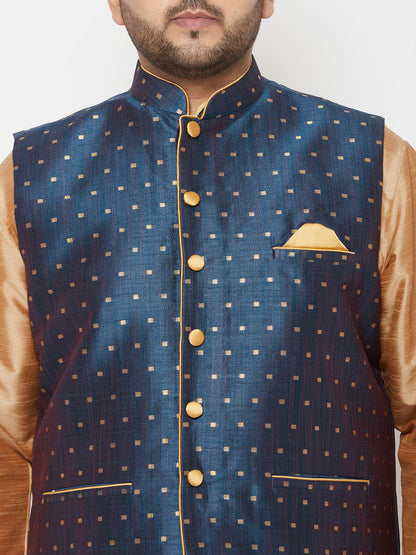 Vastramay plus mens blue woven design nehru jacket with rose gold kurta and dhoti set