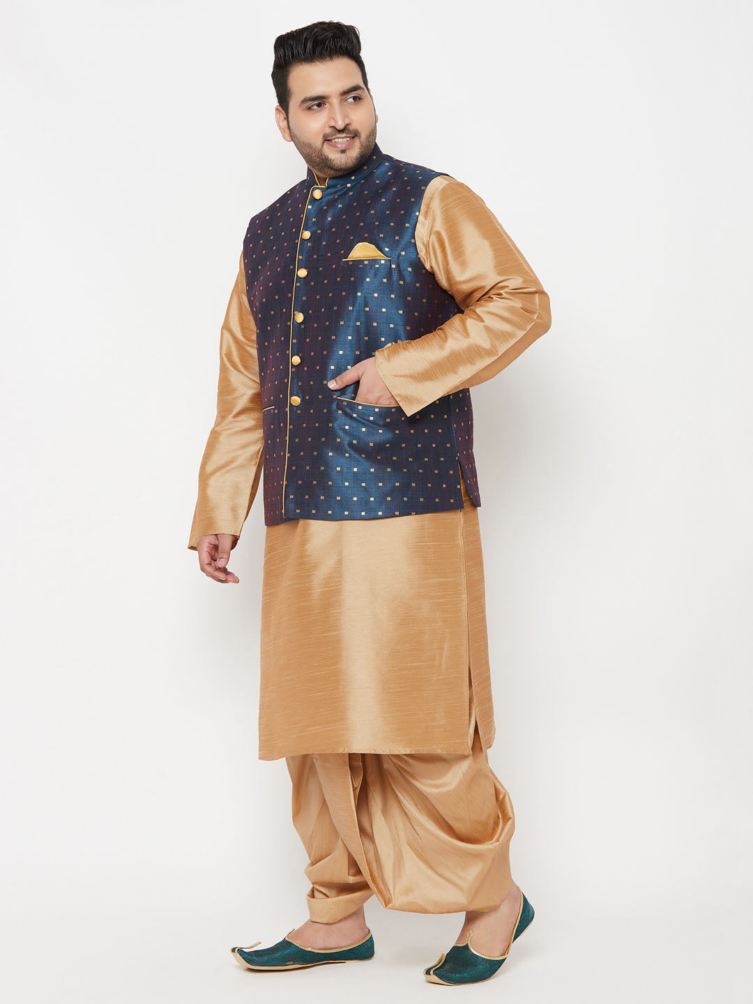 Vastramay plus mens blue woven design nehru jacket with rose gold kurta and dhoti set