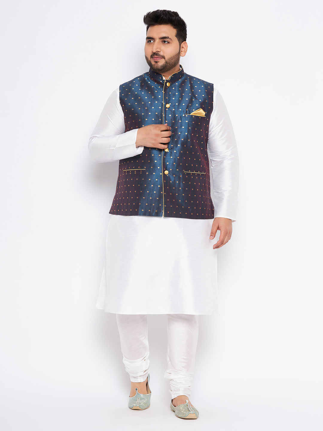 VASTRAMAY Men's Plus Size Blue Zari Weaved Nehru Jacket With Kurta Pyjama set