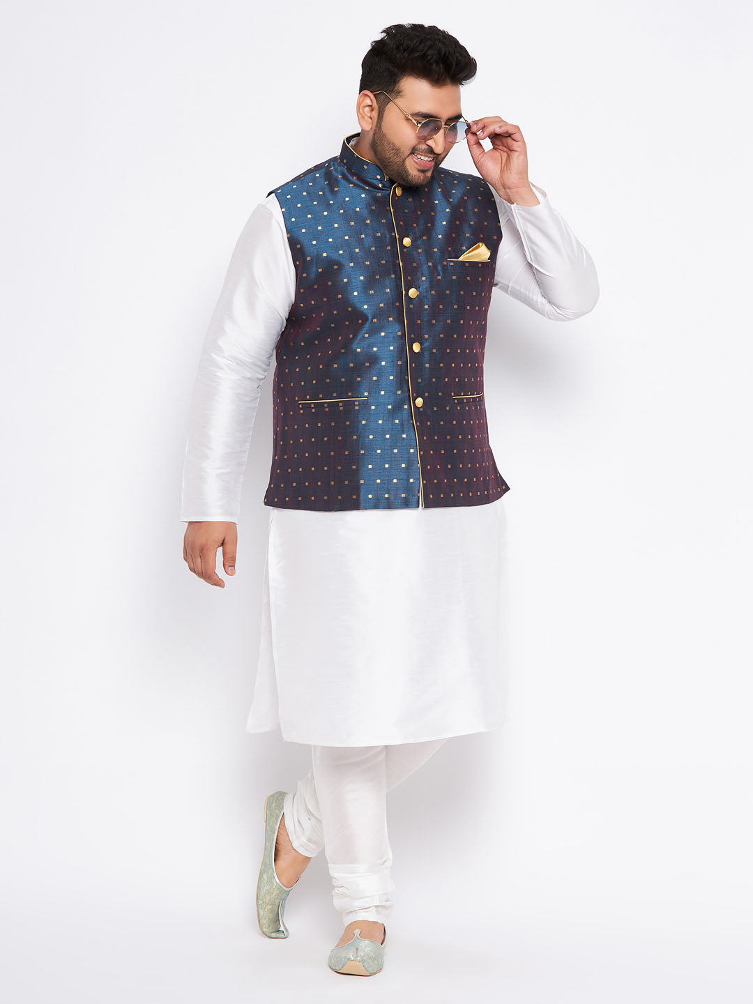 VASTRAMAY Men's Plus Size Blue Zari Weaved Nehru Jacket With Kurta Pyjama set