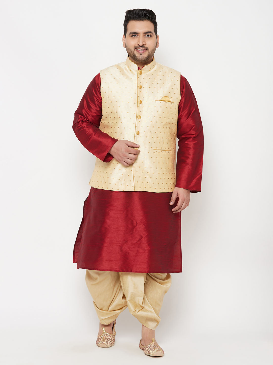 Vastramay plus mens gold nehru jacket with maroon kurta and gold dhoti set