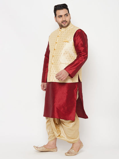 Vastramay plus mens gold nehru jacket with maroon kurta and gold dhoti set