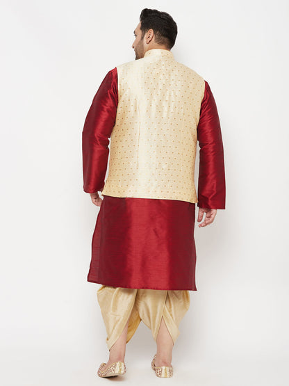 Vastramay plus mens gold nehru jacket with maroon kurta and gold dhoti set