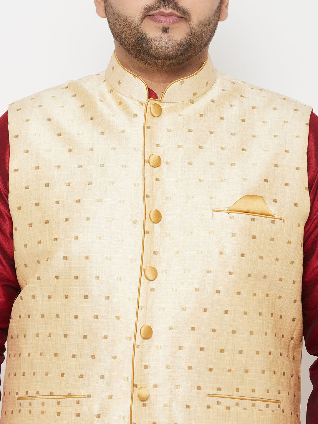 Vastramay plus mens gold nehru jacket with maroon kurta and gold dhoti set