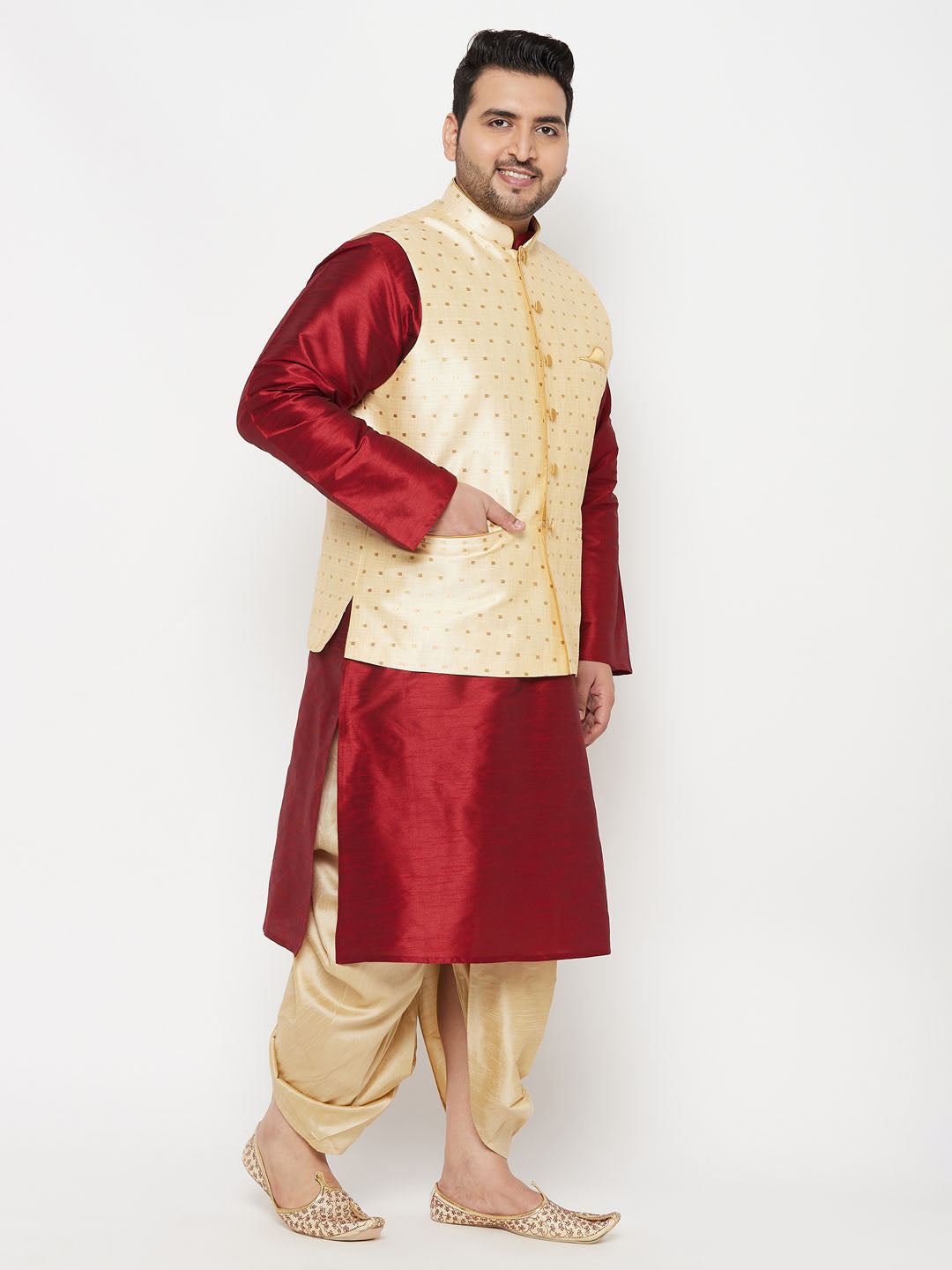 Vastramay plus mens gold nehru jacket with maroon kurta and gold dhoti set