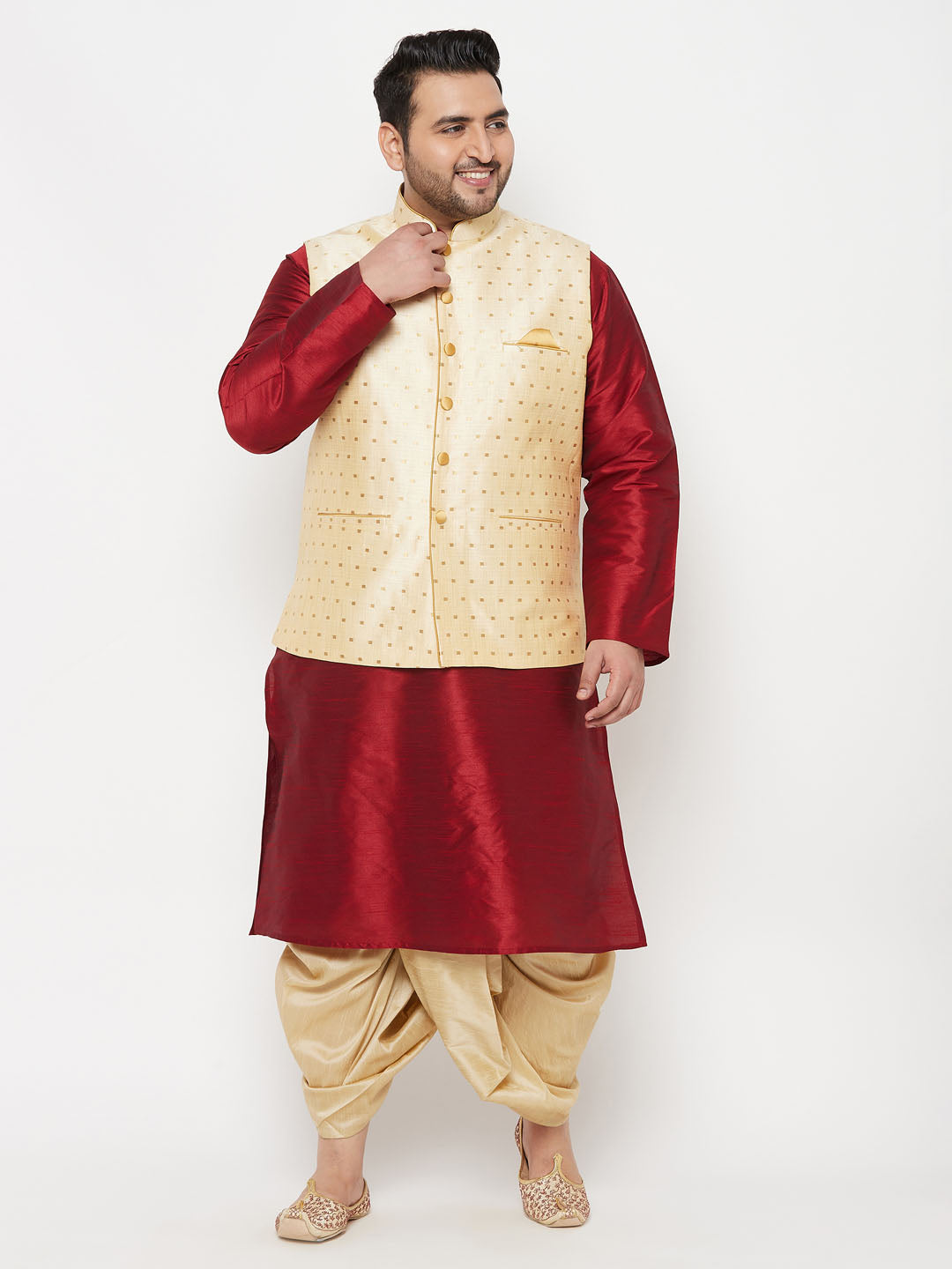 Vastramay PLUS Men's Gold Zari Weaved Nehru Jacket With Kurta Dhoti set