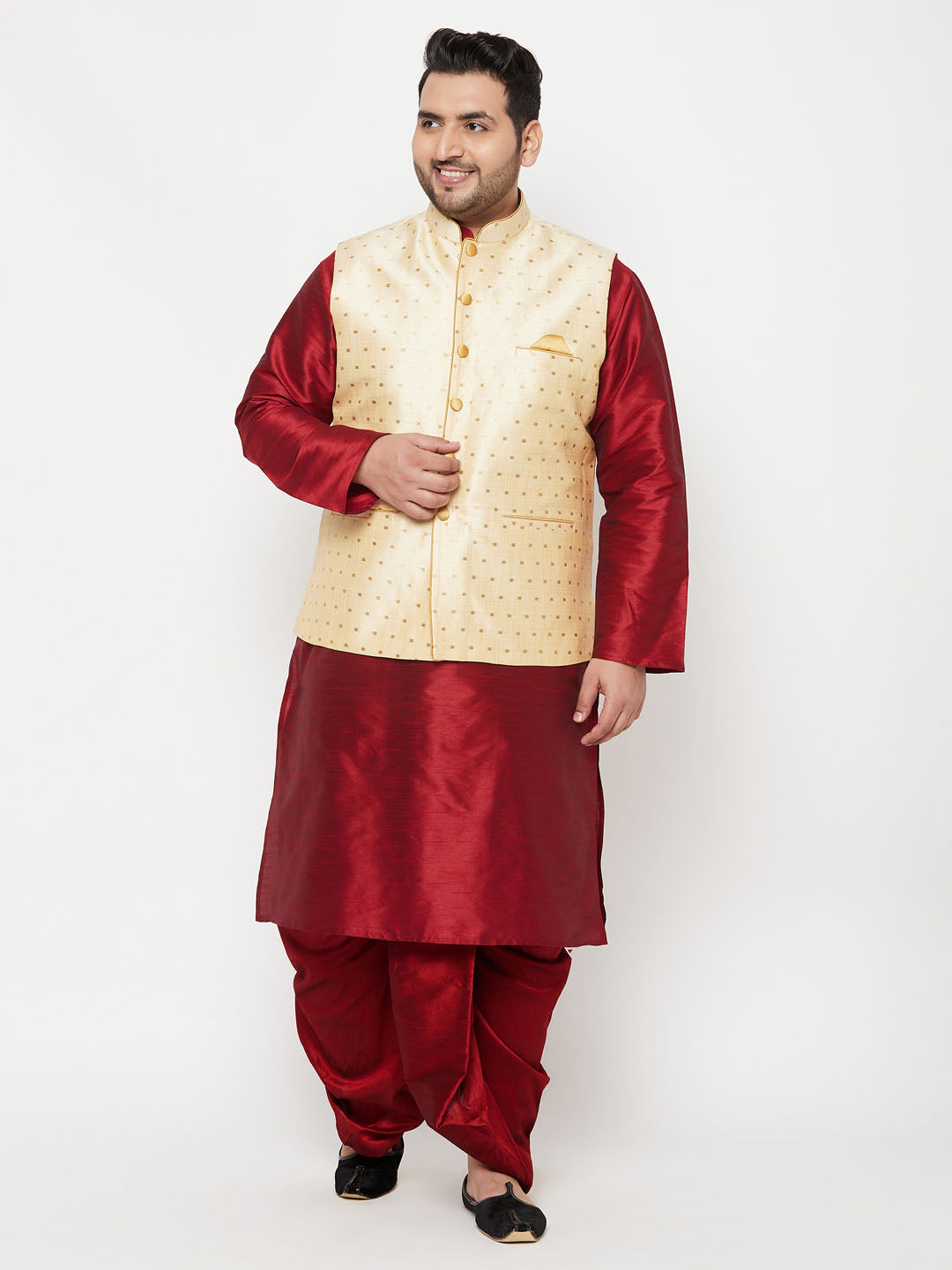 Vastramay plus mens maroon nehru jacket with maroon kurta and maroon dhoti set