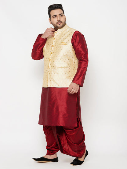 Vastramay plus mens maroon nehru jacket with maroon kurta and maroon dhoti set