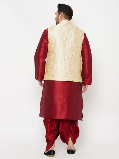 Vastramay plus mens maroon nehru jacket with maroon kurta and maroon dhoti set