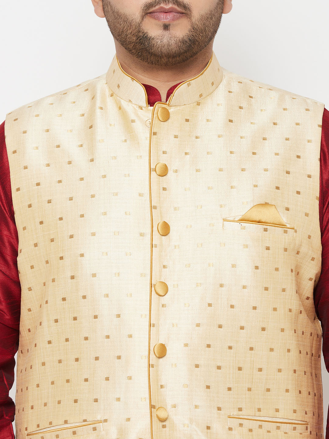 Vastramay plus mens maroon nehru jacket with maroon kurta and maroon dhoti set