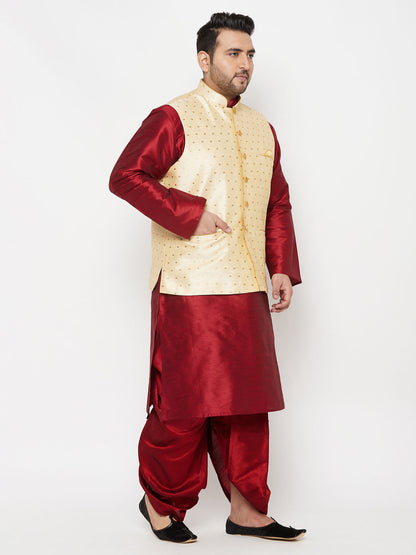 Vastramay plus mens maroon nehru jacket with maroon kurta and maroon dhoti set