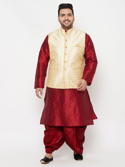 Vastramay PLUS Men's Gold Zari Weaved Nehru Jacket With Kurta Dhoti set