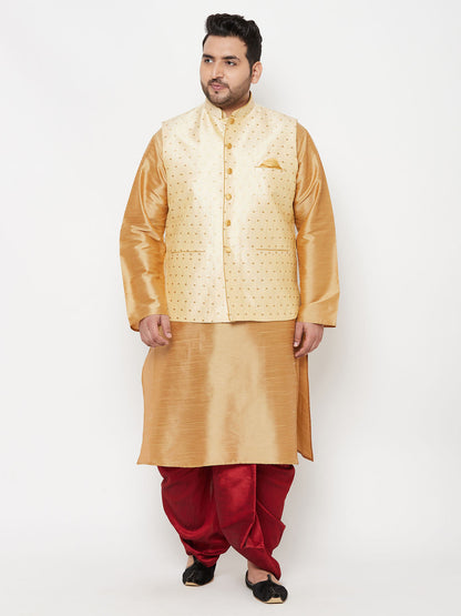 Vastramay plus mens gold woven nehru jacket with rose gold kurta and maroon dhoti set