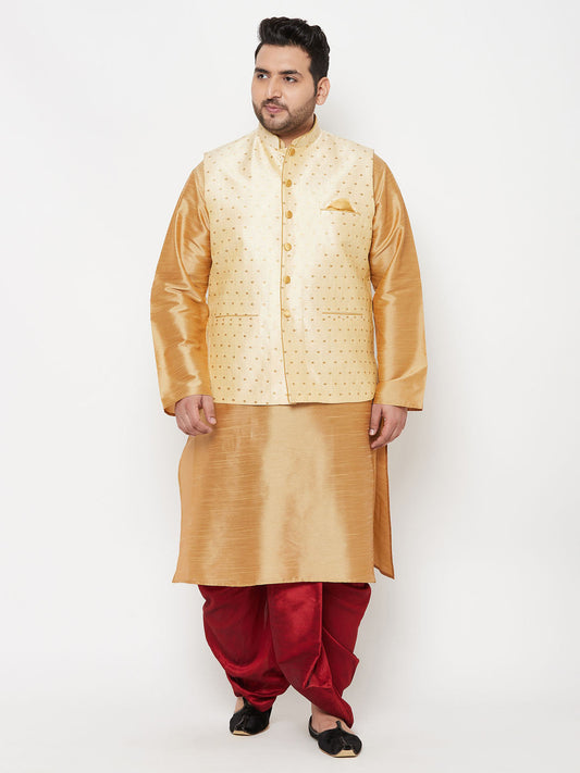 Vastramay plus mens gold woven nehru jacket with rose gold kurta and maroon dhoti set