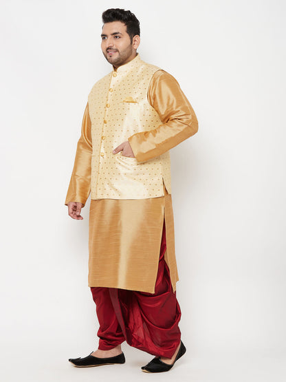 Vastramay plus mens gold woven nehru jacket with rose gold kurta and maroon dhoti set