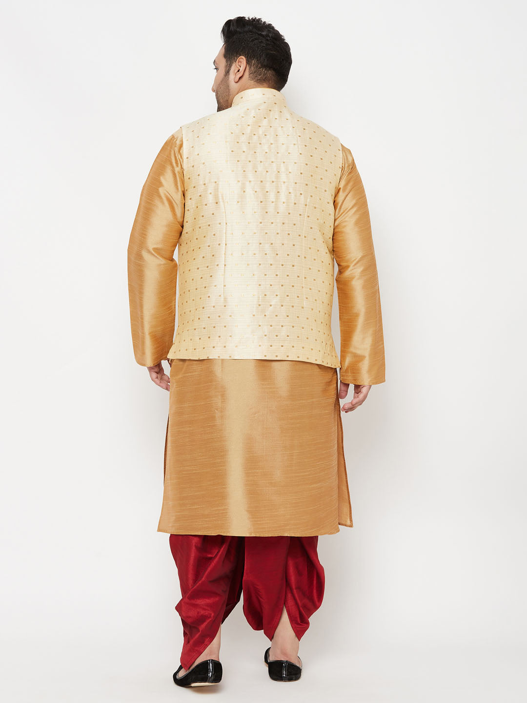 Vastramay plus mens gold woven nehru jacket with rose gold kurta and maroon dhoti set