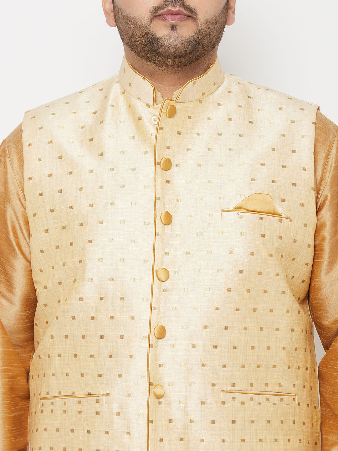 Vastramay plus mens gold woven nehru jacket with rose gold kurta and maroon dhoti set