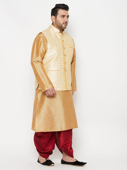 Vastramay plus mens gold woven nehru jacket with rose gold kurta and maroon dhoti set