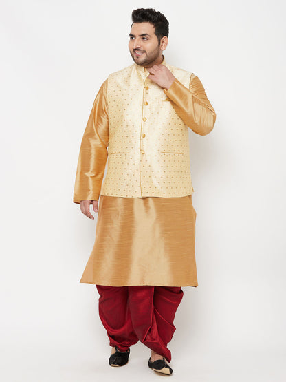 Vastramay PLUS Men's Gold Zari Weaved Nehru Jacket With Kurta Dhoti set