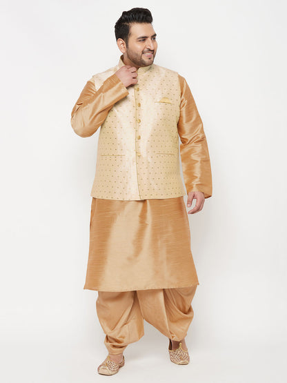 Vastramay plus mens gold woven design nehru jacket with rose gold kurta and dhoti set