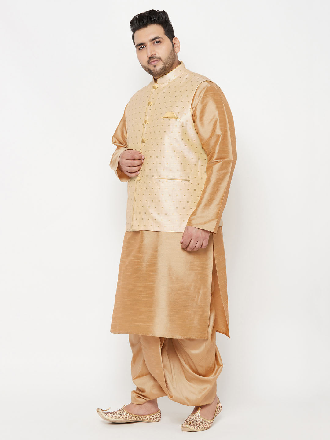 Vastramay plus mens gold woven design nehru jacket with rose gold kurta and dhoti set