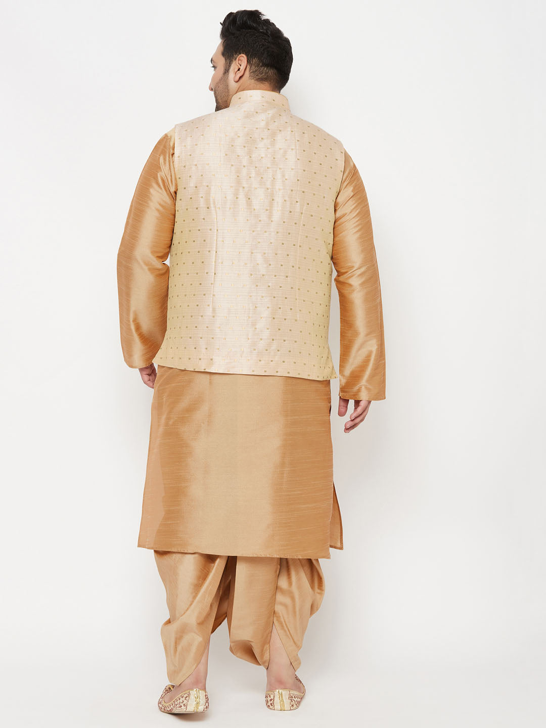 Vastramay plus mens gold woven design nehru jacket with rose gold kurta and dhoti set